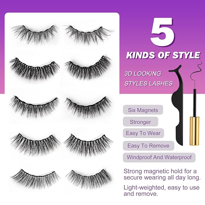 Royaomis 10 Pairs Magnetic Eyelashes with Eyeliner, Magnetic Lashes Natural Looking, Magnetic Eyelash Kit,Latest Six Magnets, With 3D 5D Reusable False Lashes, Easy to Wear, No Glue Needed