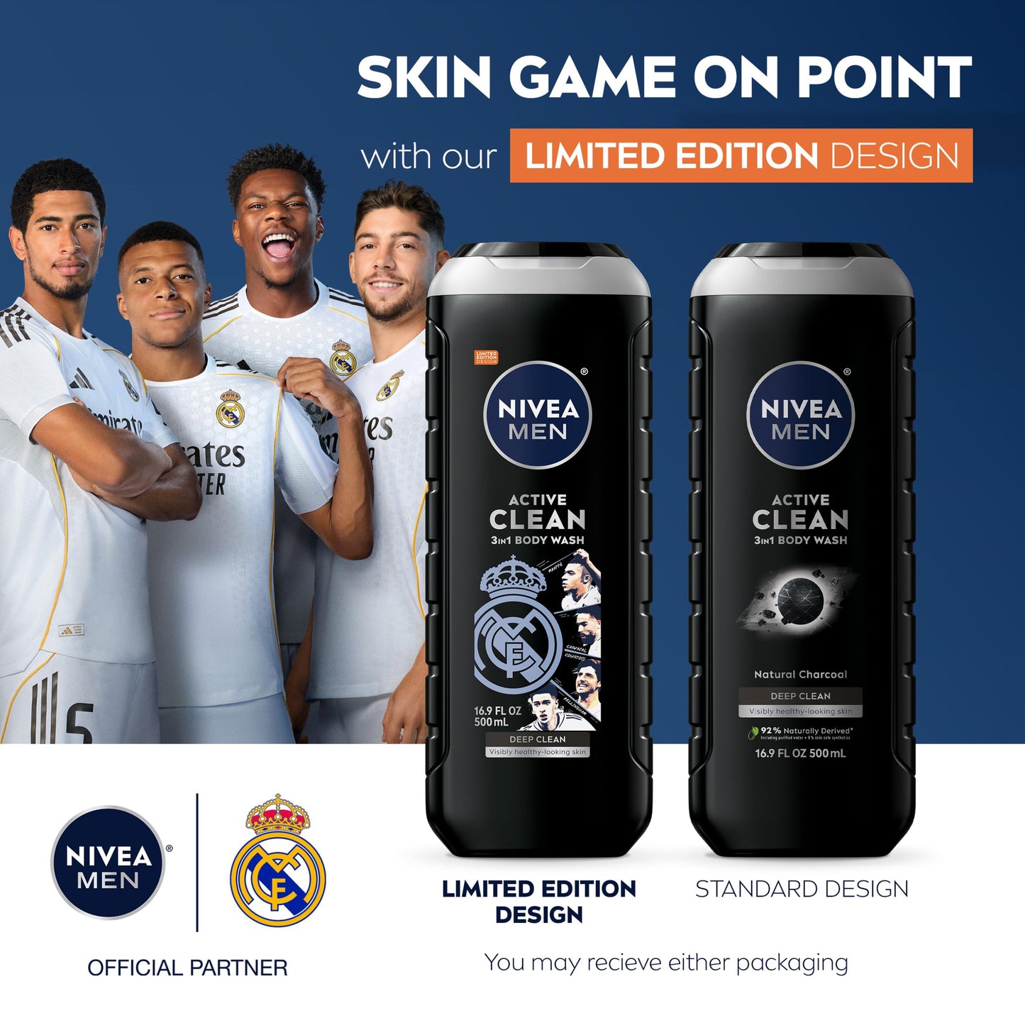 NIVEA MEN Real Madrid Limited Edition Design Active Clean Body Wash with Natural Charcoal for Normal to Oily Skin, 3-in-1 Charcoal Body Wash, Face and Hair, 16.9 Fl Oz Bottle, Pack of 3
