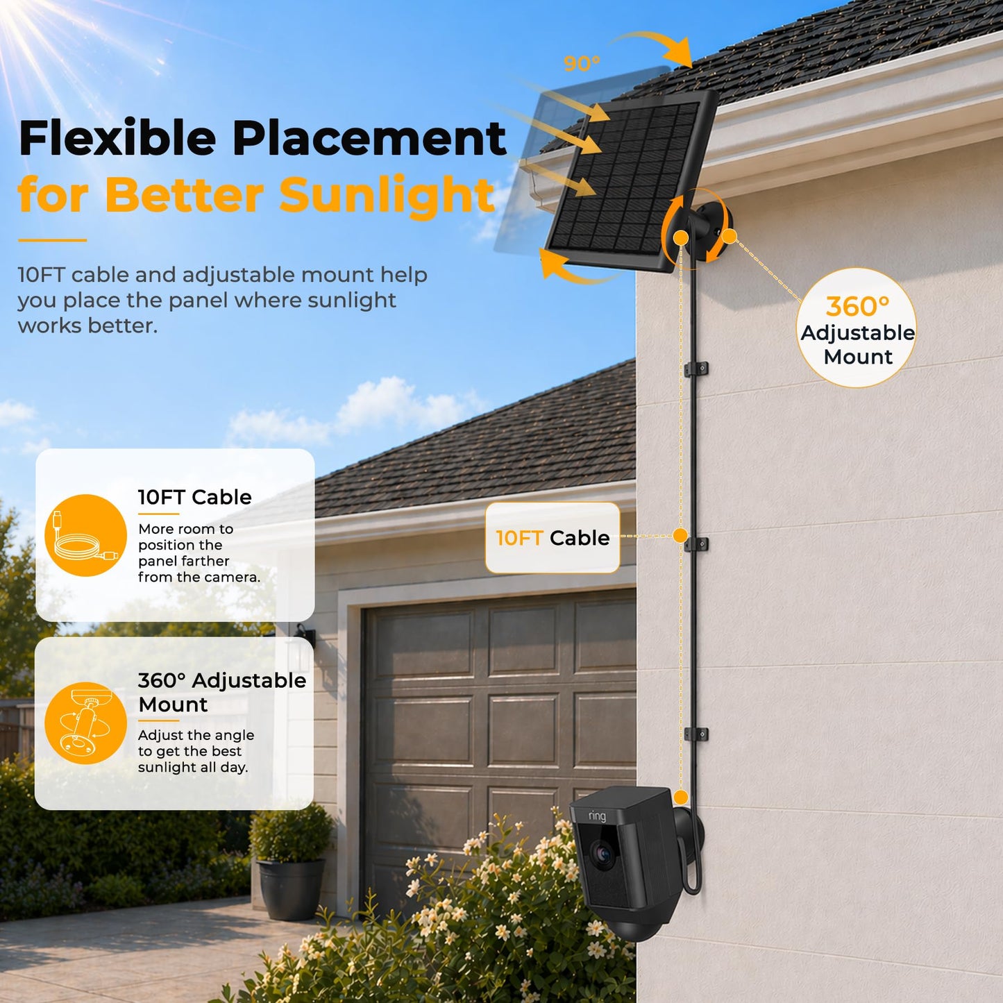 8W Solar Panel for Ring Camera, 3-Pack Solar Panel Charger Compatible with Ring Stick Up Cam Battery, Spotlight Cam Battery, Includes Barrel Plug to USB-C Adapter, IP65 Waterproof, 10ft Cable