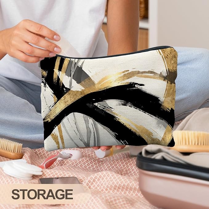 Abstract Black and Gold Makeup Bag, Boho Black White and Gold Cosmetic Bags for Women, Boho Gifts for Women, Mid Century Modern Zipper Makeup Pouch