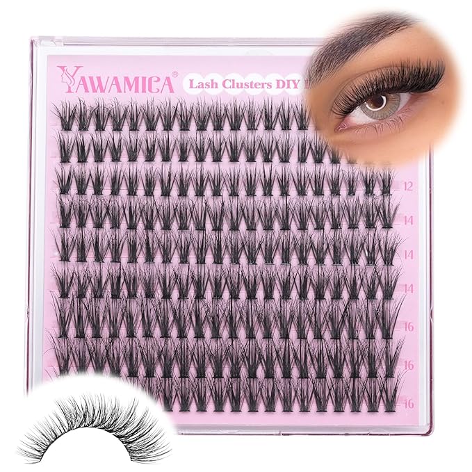 Yawamica Eyelash Clusters Natural Lash Extension 12-16mm Wispy Lash Clusters C Curly Individual Lashes Fluttery Cluster Eyelash Extensions False Eyelashes Clusters DIY Lash for Beginners