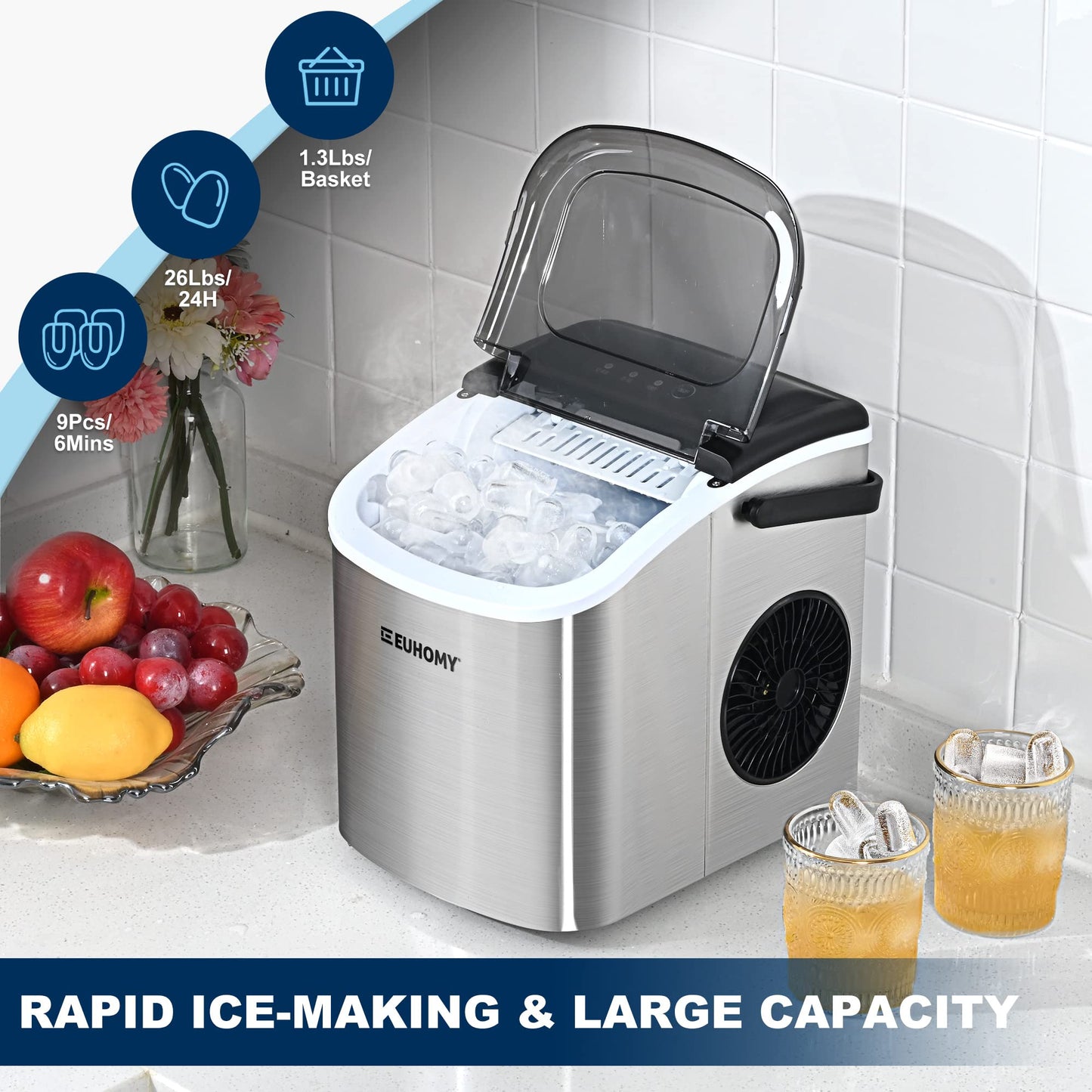 EUHOMY Ice Maker Machine Countertop with Handle, 26lbs/24H, 9 Bullet Ice Cubes Ready in 6 Mins, Auto-Cleaning, Portable Ice Maker with Basket and Scoop, for Home/Kitchen/Camping/RV. (Silver)