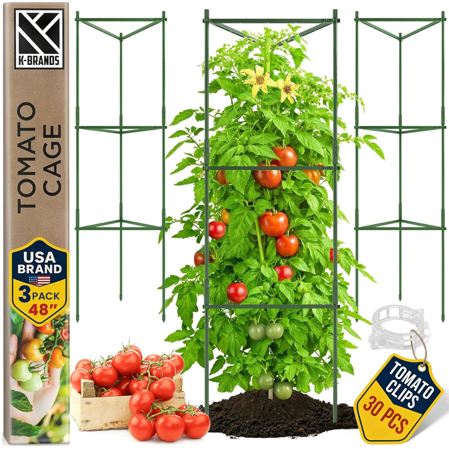 Tomato Cage - Large Trellis Stakes and Plant Support Structures for Vegetables and Climbing Plants - Tall Tomato Cages for Garden, Pots, Raised Garden Bed Outdoor Supplies (3 Pack - Up to 48")