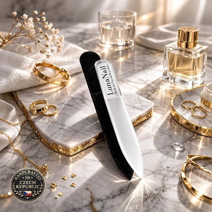 Nano Czech Glass Nail File & Buffer 2-in-1, Velvet Case, Crystal Polisher, Mirror-Shine, Keratin-Sealing, Travel Friendly