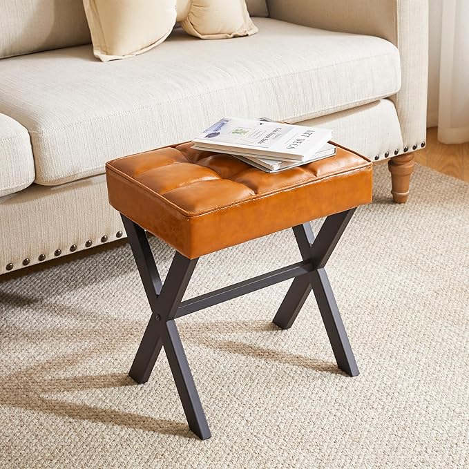 IBUYKE Square Makeup Stool with X-Leg Foot Rest, PU Footrest, Ottoman Seat, Multi-Use as Small Side Table, for Bedroom, Living Room, Light Brown LG-71J