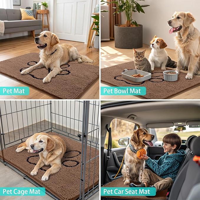 Smiry Dog Door Mat for Muddy Paws, Absorbent Dirt Trapper Non Slip Quick Dry Washable Chenille Mat for Mud Dogs, Entry Rug for Indoor and Outdoor (40x32 Inches, Camel and Black)