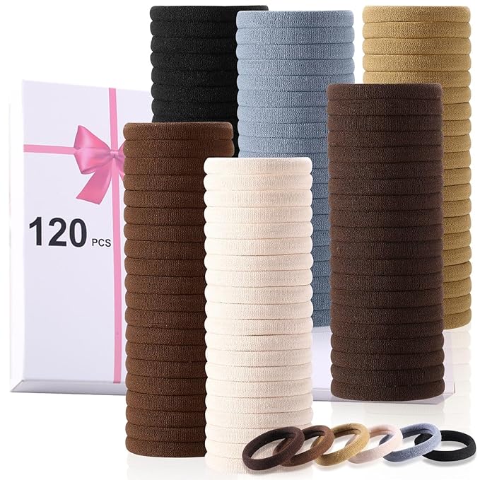 LuSeren 120 Pcs No Damage Hair Ties for Thick Hair, Large Soft Seamless Nylon Hair Elastics for Women, Ponytail Holders, Hair Accessories â Neutral Colors
