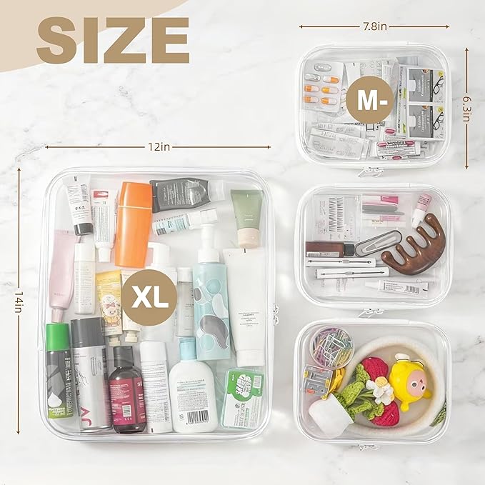 Clear Hard Shell Zipper Pouches, Clear Zipper Bags, Hard Case Pouches for Purse & Diaper Bag Organizer,and Travel Essentials (XL+3M-)