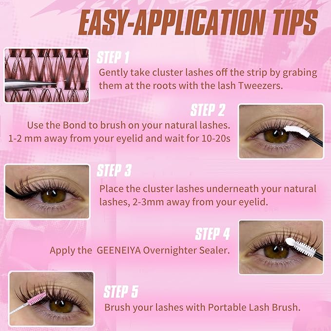 Geeneiya BROWN FLORA Lash Clusters Kit DIY Lash Extension, 8-18MM Wispy Lashes Clusters, Invisible Soft Band Eyelash Extension Kit with Waterproof Lash Bond and Seal, Lash Remover, Tweezers