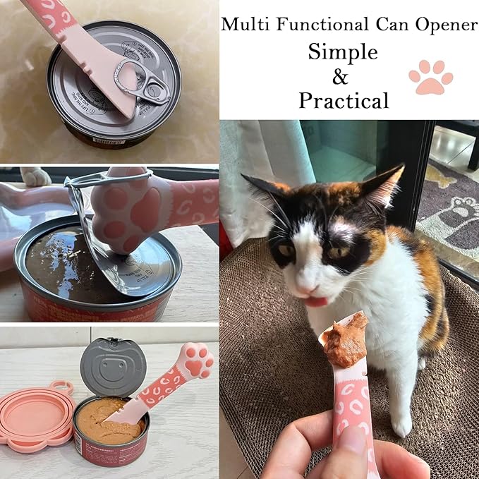 SJANE 4 Pcs Cat Food Spoon & Can Covers | Cute Paw Silicone Pet Food Opener Spatula & Lids | Stainless Steel Wet Food Spoon for Cats and Dogs (Pink+Grey)