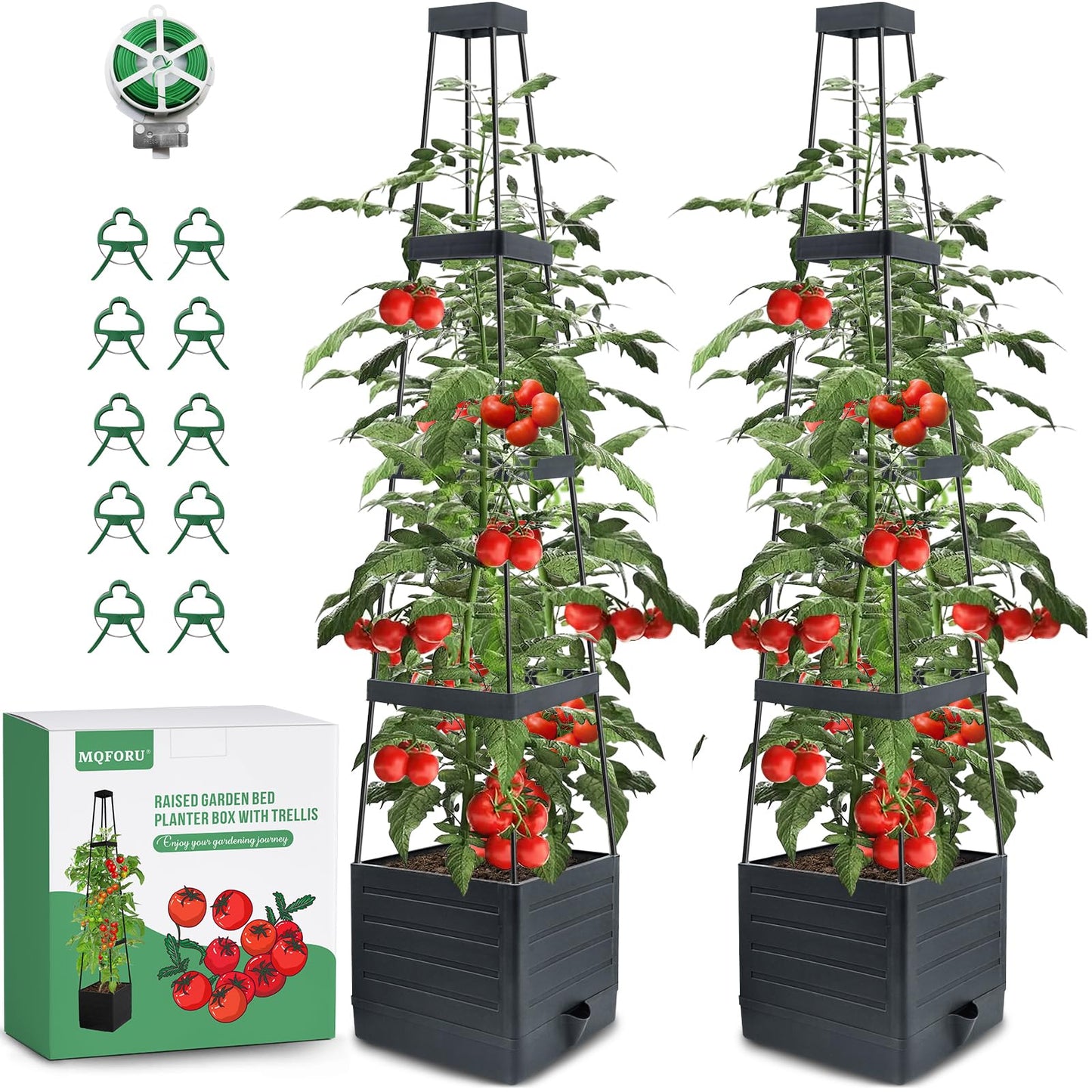 MQFORU 2 Packs Raised Garden Bed Tomato Planter with Trellis, 57" Tomato Cages for Climbing Vegetables Plant, Self Watering Planters Box for Garden Pots for Patio Greenhouse Indoor Outdoorï¼2PCSï¼