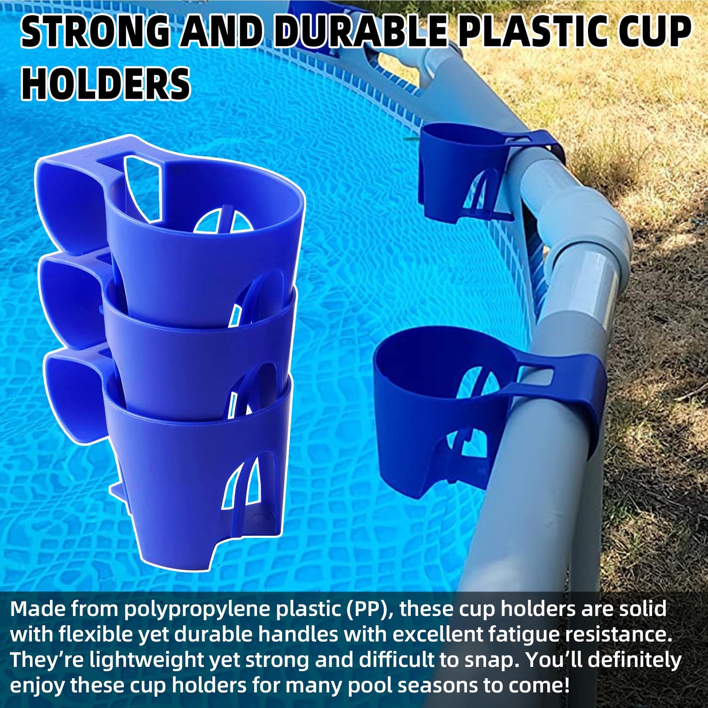 TonGass (6-Pack, Blue) Poolside Cup Holders Compatible with Above Ground Pools with 2 Inches or Thinner Round Top Bars - Strong and Durable Easy to Use Clip-On No-Spill Cup Holders