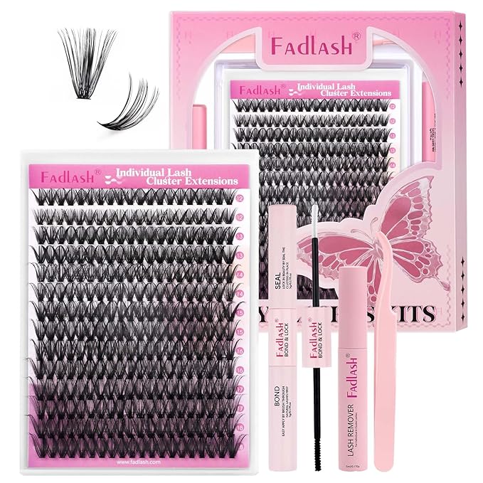 FADLASH Natural Lash Clusters Kit Individual Wispy Eyelash Clusters D Curl with Lash Bond and Seal Lash Glue Remover and Eyelash Tweezer for Beginners DIY at Home (40D-0.07D, 12-18mm, Kit)