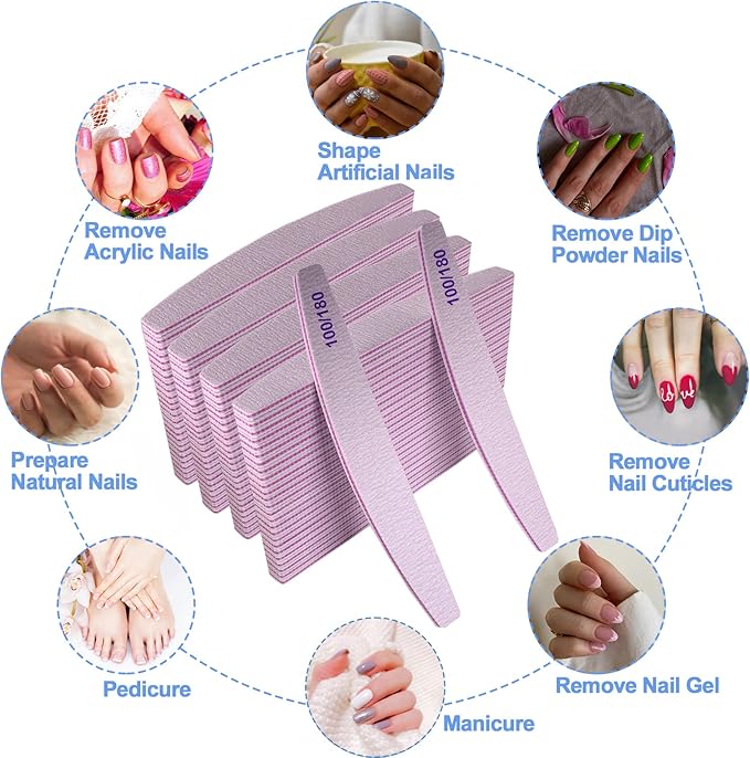 Nail Files (100 Pcs), 100/180 Grit Nail File Emery Board Bulk for Acrylic Nails and Natural Nails, Limas para Unas Acrilicas Profesional Pack Filers for Gel Nail Double Sided Manicure Curved Gray