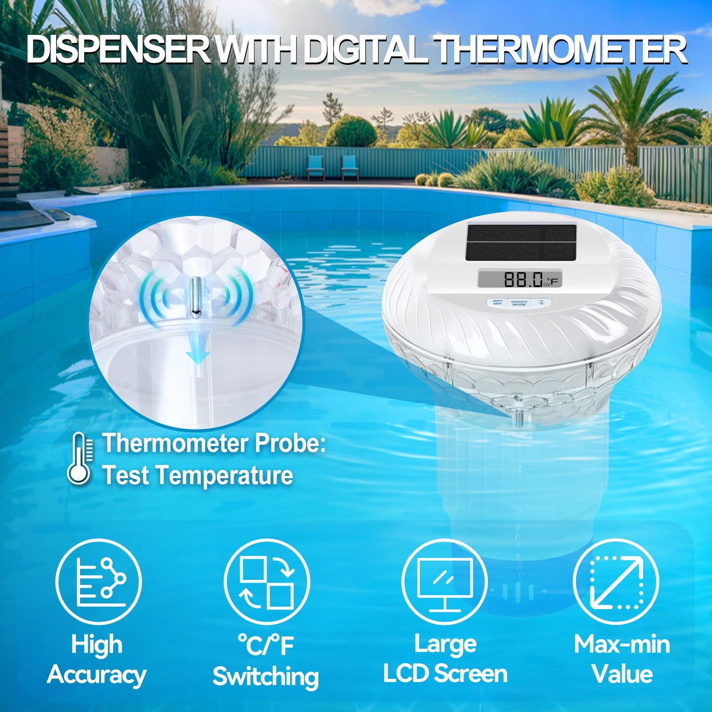 FineBud2025 Upgrade Pool Chlorine Floater with Thermometer,Digital Screen Floating Chlorine Dispenser for Pool,Solar pool Chlorines floater with Light,Button Control chlorine floaters with Thermometer
