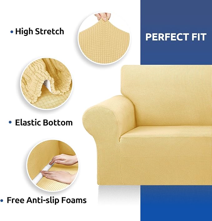 KEKUOU Stretch Sofa Cover Slipcover ,Couch Covers for 3 Cushion Couch Sofa pet Friendly (78"-94") Furniture Protector Sofa with Elastic Bottom for Kids,Dog, Jacquard Small Checked(Large,Champagne)