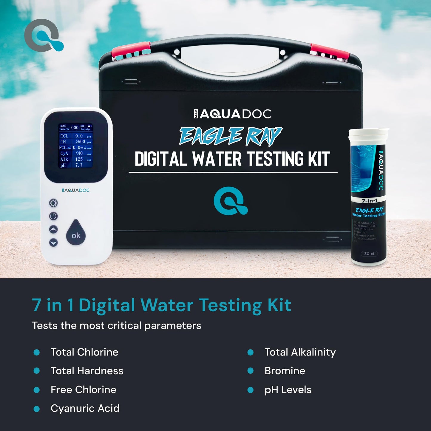 Eagle Ray Digital Pool Water Test Kit by AquaDoc with Digital Water Tester and 30 Pool Test Strips for Chlorine, Bromine, Total Hardness, Cyanuric Acid, Alkalinity, and pH