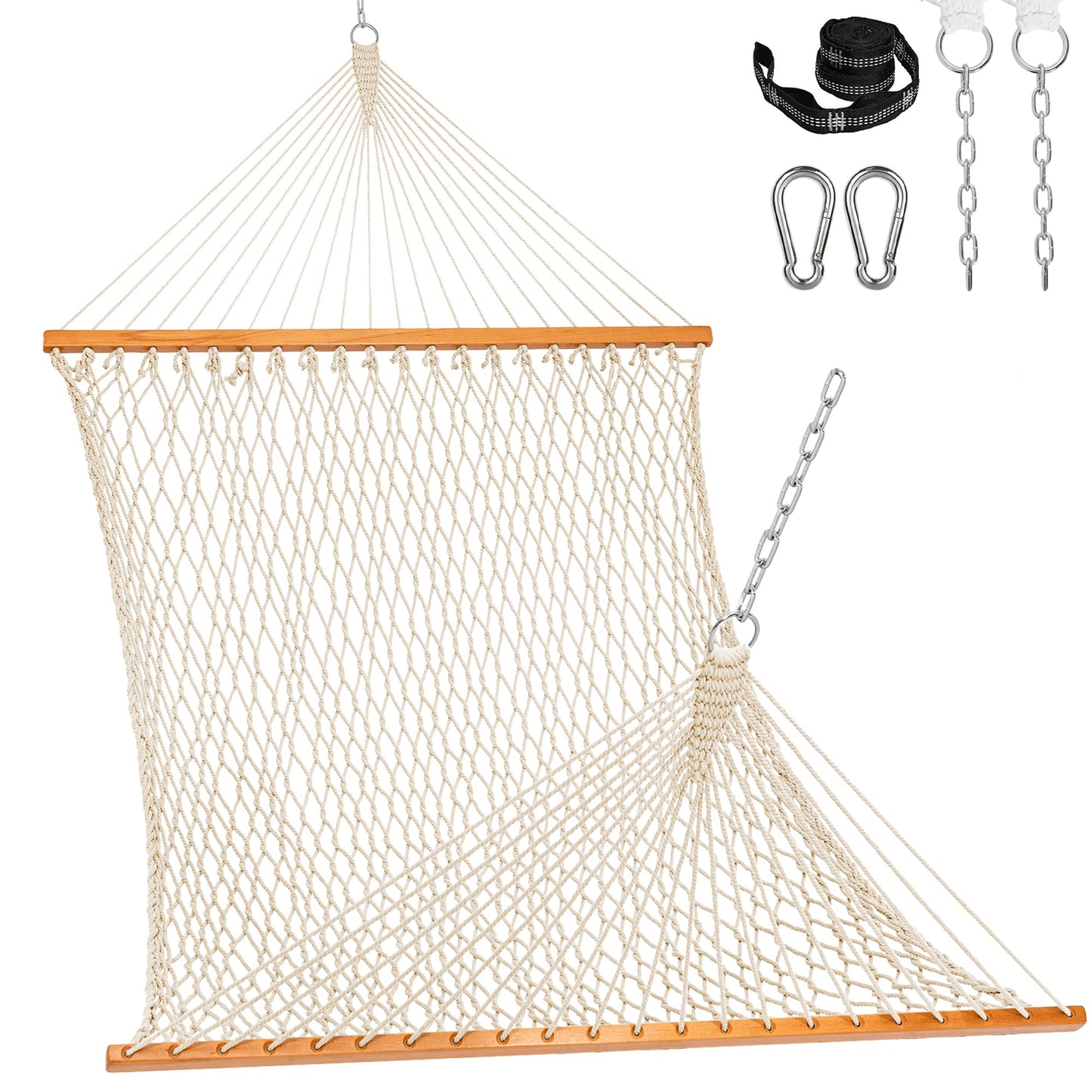Lazy Daze Hammocks Double Rope Hammock, 2 Person Traditional Outdoor Hand Woven Cotton Rope Hammock with Spreader Bar, Carabiners, Tree Straps, Chains for Patio Yard - Max 450 Lbs, Natural
