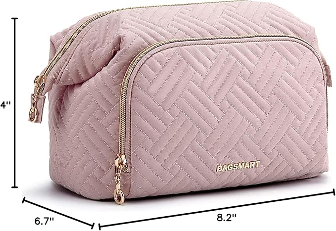 BAGSMART Travel Makeup Bag, Cosmetic Bag Make Up Organizer Case,Large Wide-open Pouch for Women Purse for Toiletries Accessories Brushes Pink