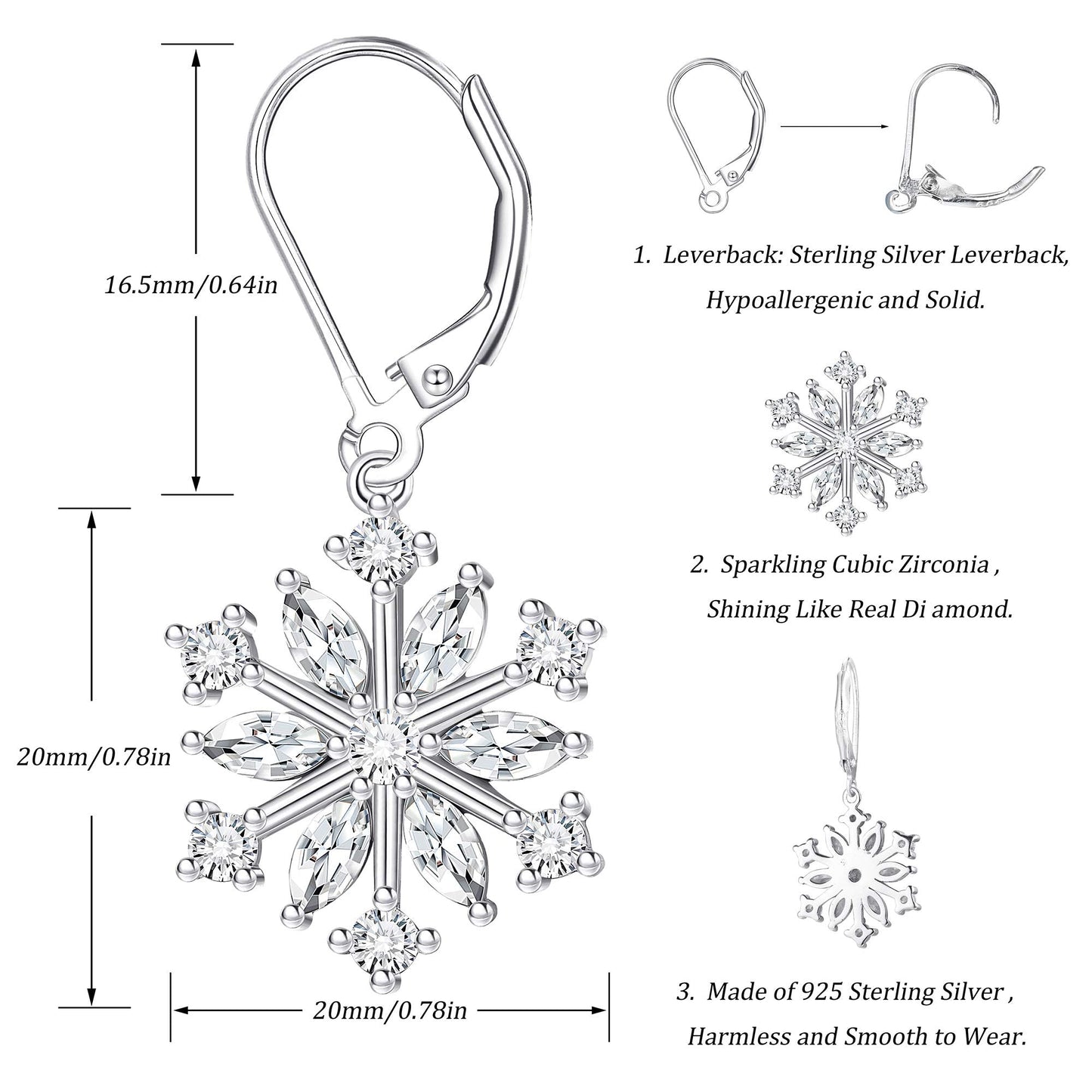 Milacolato Sterling Silver Snowflake Earrings for Women 18K Gold Plated Leverback Winter Drop Dangle Snowflake Earrings Holiday Xmas Christmas Jewelry Gifts WG