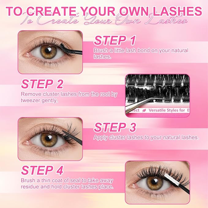 Fluffy Lash Clusters Kit 384Pcs, Wispy Volume (100D/200D) D-Curl Cluster Eyelash Extensions 10-18mm + Bond & Seal Glue + Tweezers - Reusable 15+ Times, Natural to Dramatic Volume