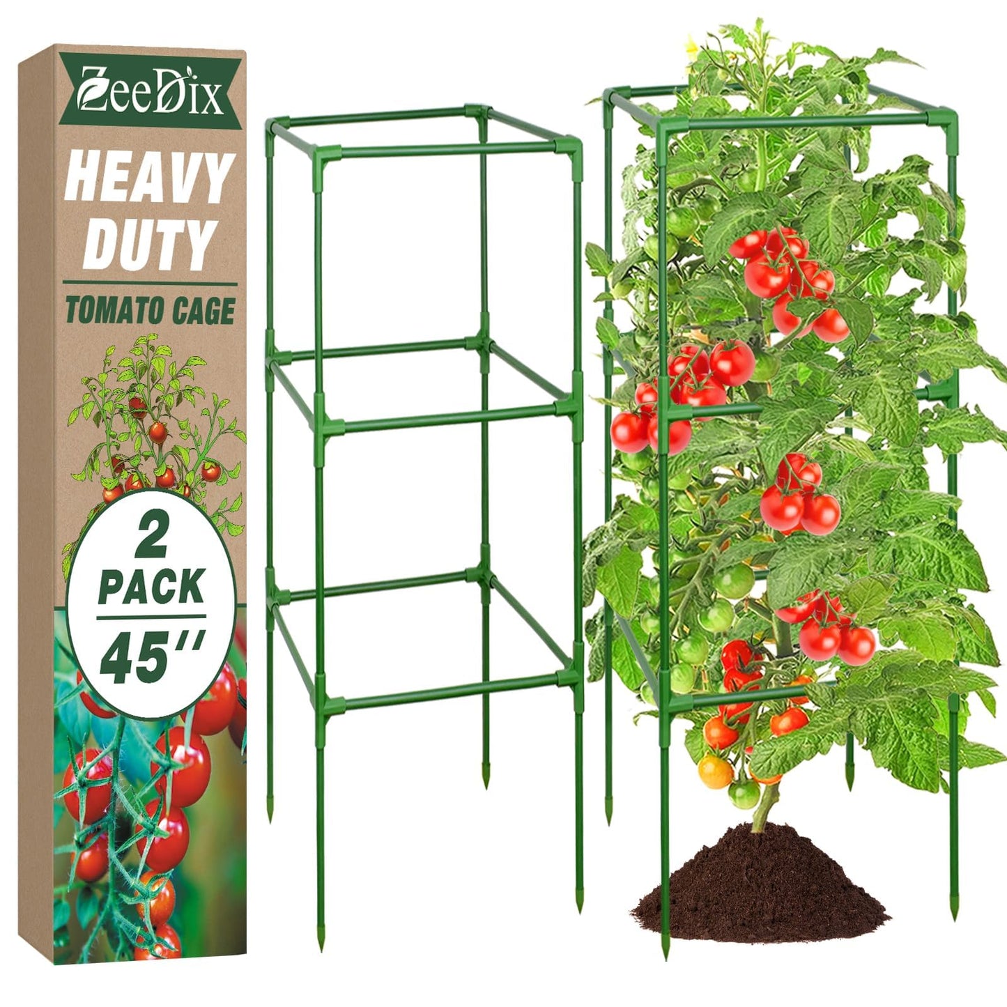 ZeeDix 45 Inch Tomato Cages 2 Pack, Heavy Duty Adjustable Metal Garden Plant Supports for Climbing Vegetables - Square Cage for Tomatoes, Cucumbers, Peas, Flowers with 20 Plant Clips