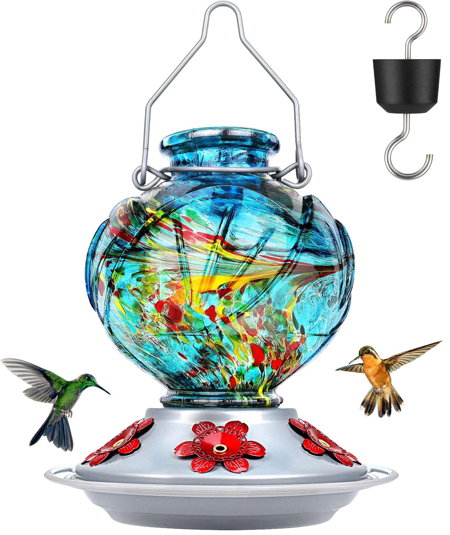 BOLITE Hummingbird Feeder, Hand Blown Glass Hummingbird Feeders for Outdoors Hanging, Ant Moat, 5 Bee-Proof Ports, Leak-Proof, 360° Perch, 22oz, Blue Peony Gifts for Women Men, Gifts for Mom Dad