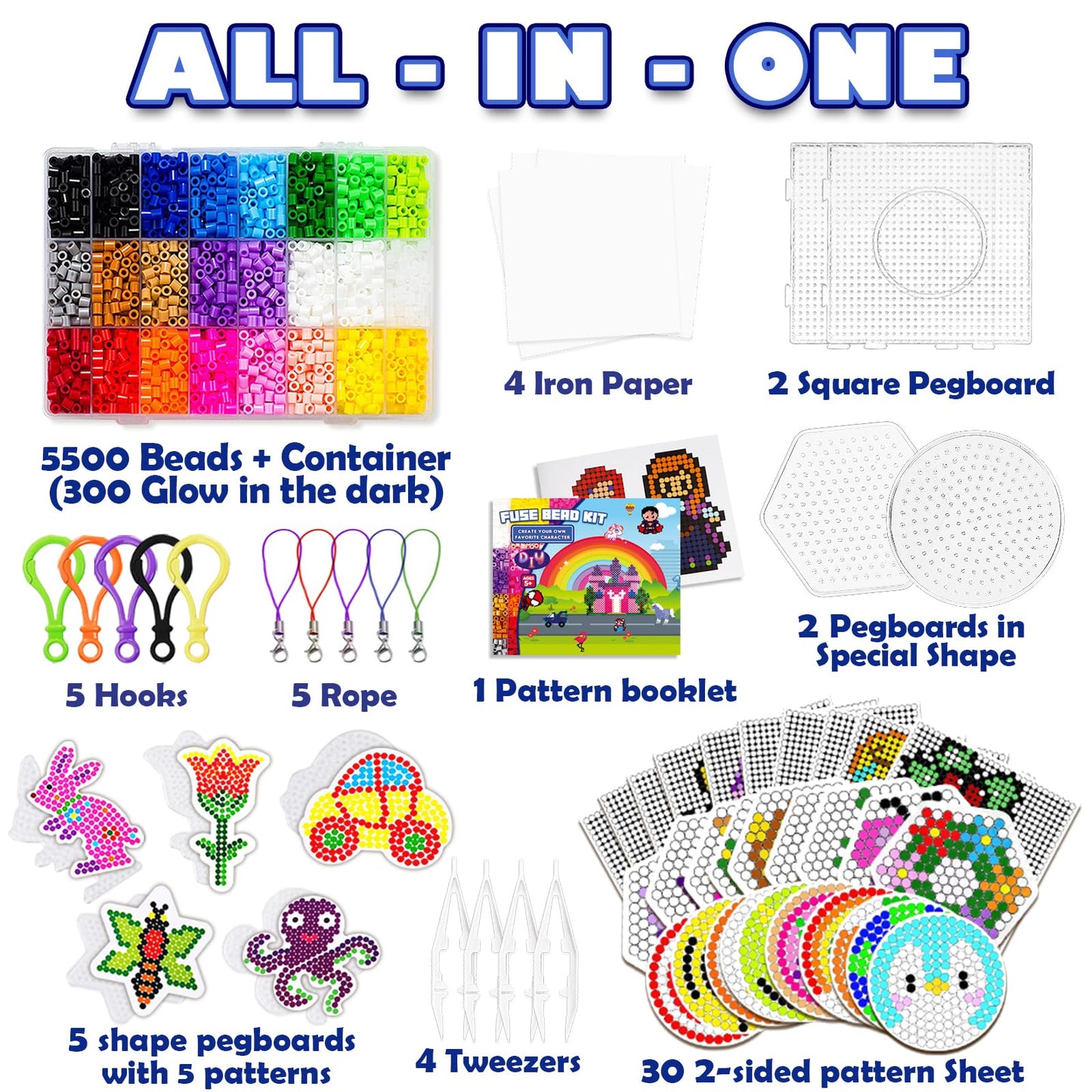 FUNZBO 5500 5mm Fuse Beads Kit - 24 Colors | 111 Patterns, Arts and Crafts for Girls and Boys, Kids Toys Set, Gifts for Kids, Teens and Adults Age 5+ Years Old
