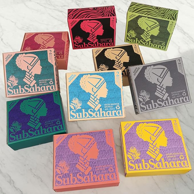 SubSahara Authentic African Net Sponge - 2 Pack Exfoliating Bath & Shower Loofah Sponge for Body & Face, Gentle Scrubber for All Skin Types, Travel, Durable (Black & Pink)