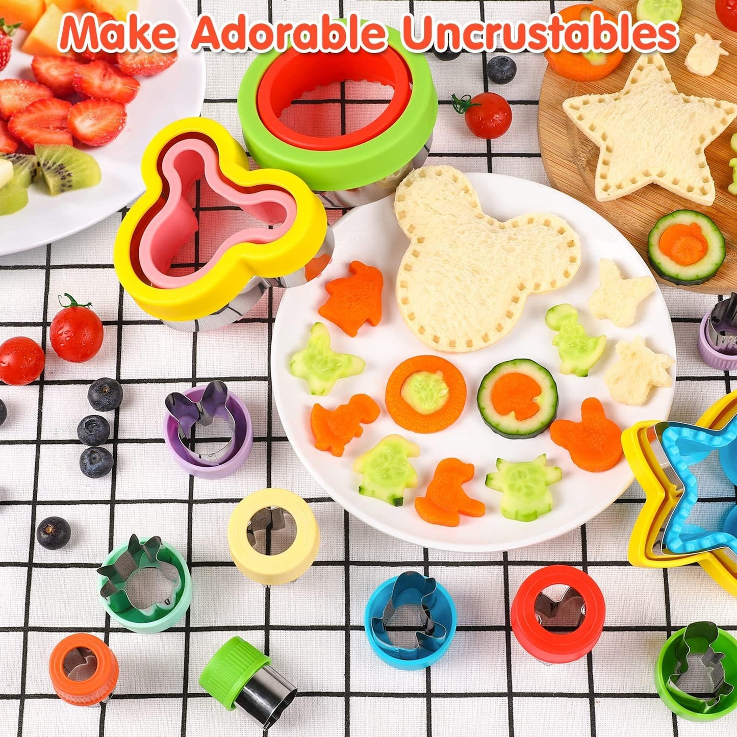 30Pcs Sandwich Cutter and Sealer for Kids Fruit Cutters Shapes Food Picks Crustless Sandwich Shape Cutters Decruster Sandwich Maker DIY Cookie Cutter Boys Girls School Bento Box
