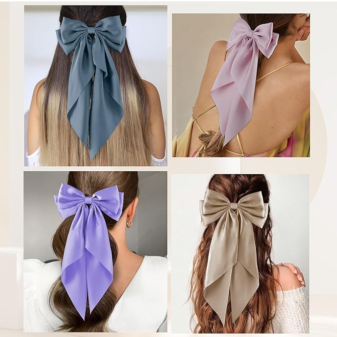 6Pcs Large Bows Hair Clips for Women Girls Long Tail Hair Ribbon Silky Satin Barrettes Coquette Hair Bows Accessories (Black/Bluegrey/Deepblue/Light Pink/Purple/Khaki)