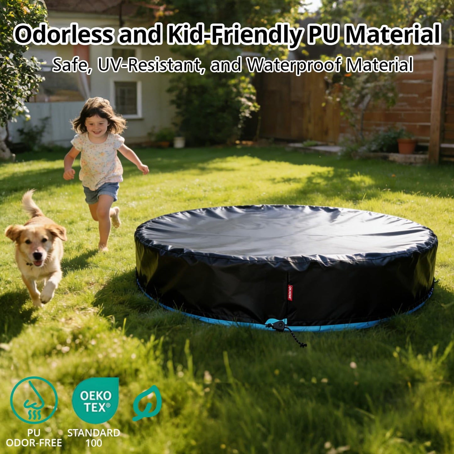 QH.HOME 71-72 inch Foldable Dog Pool Cover Round, Collapsible Pet Swimming Pool Cover for Large Dogs – Waterproof, Odorless Fabric, Ratchet Lock – Kiddie Pool Cover Only