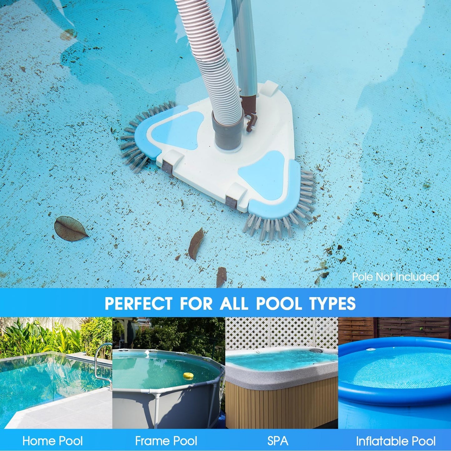 2026 Enhanced TidyMister Pool Vacuum Head with Wheels,Steering Handle Swimming Pool Vac with Side Brush & Rotatable Hose Adapter(Safe for Vinyl Liner) for Inground & Above Ground Pools - Triangle