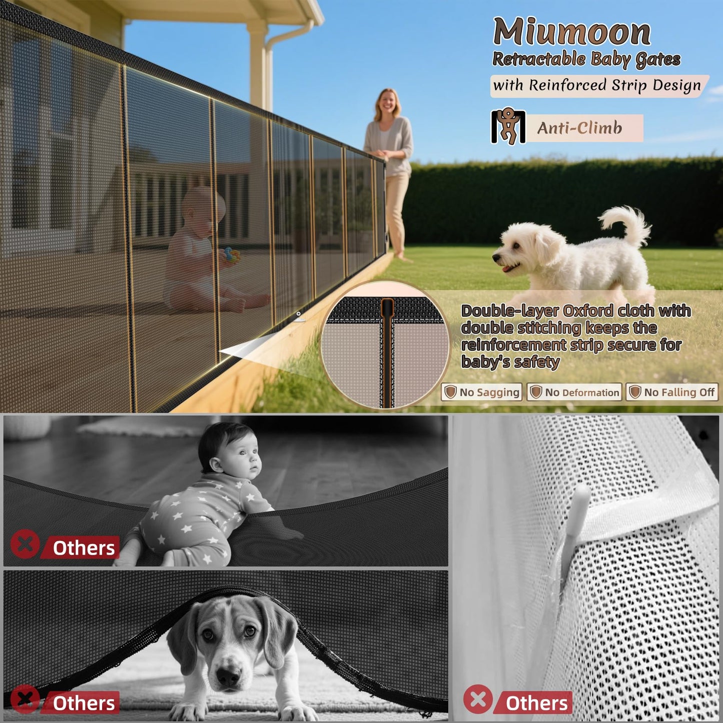 Miumoon 120 inch Retractable Baby Gates 34 inch Tall, Retractable Gate with Reinforced Strip Design to Prevent Crawling Through, 10 FT Extra Wide Retractable Dog Gate for Indoor/Outdoor