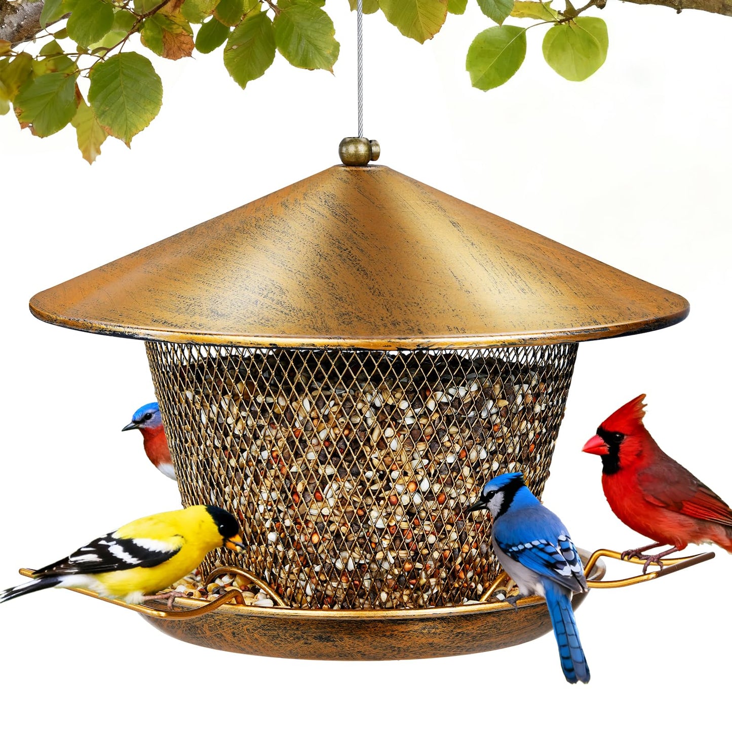 Samhe Metal Bird Feeder for Outdoor Hanging, Heavy Duty Waterproof Bird Feeder for Outside with 9.8" Roof, 3.5 LBs Seeds Capacity, Easy to Fill & Clean