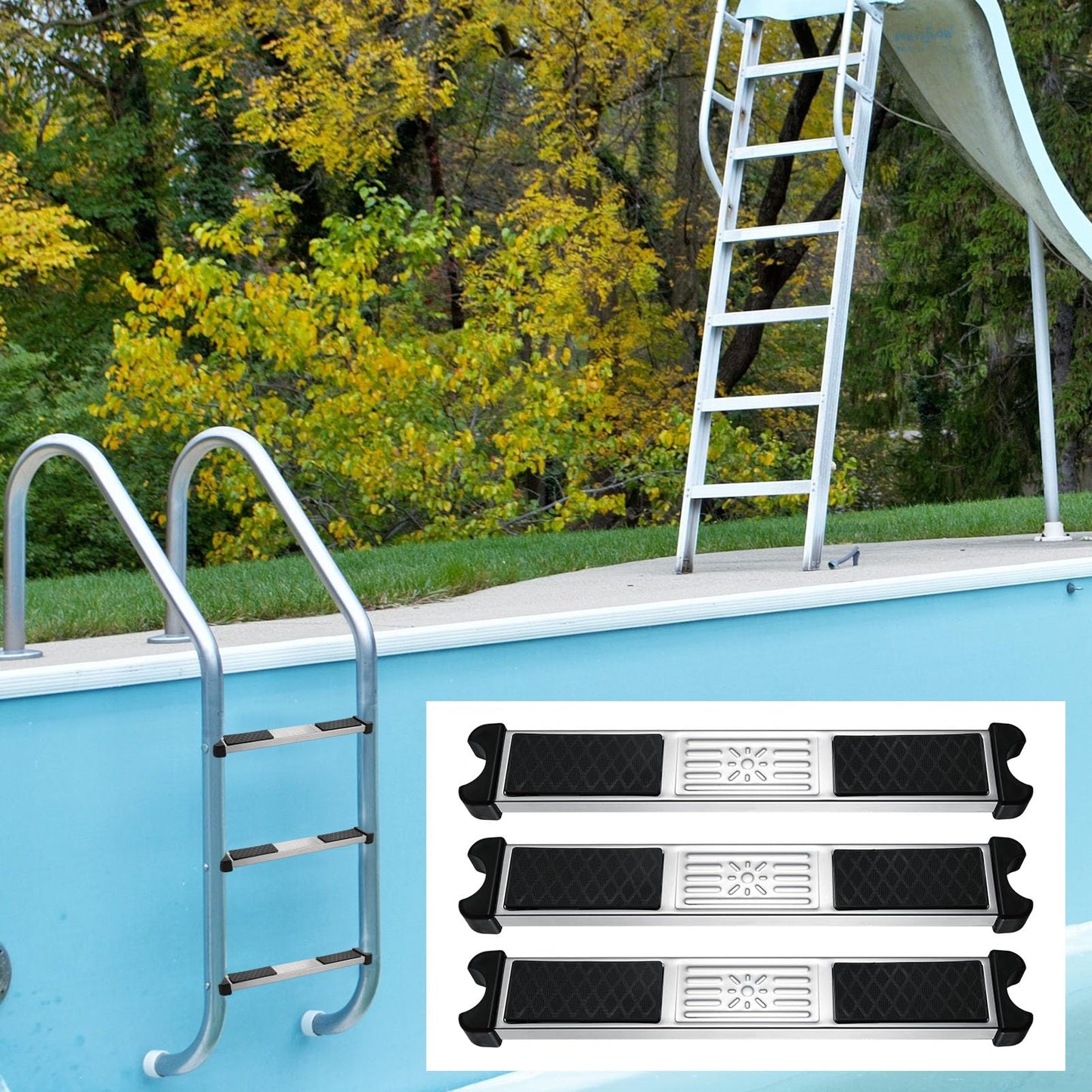 XLSXEXCL 3 Pack Stainless Steel Swimming Pool Ladder Steps with Pool Ladder Bumpers & Pool Ladder Escutcheon Plates, 18'' Heavy Duty Replacement Pool Ladders for Inground Swimming Pools