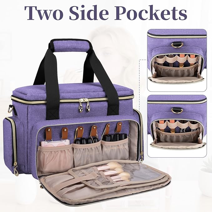 GDNasist Large Makeup Bag, Portable Travel Makeup Bag Organizer for Women Girls with 2 Removable Pouches & Detachable Dividers, Cosmetic Travel Bag, Toiletry Bag for Makeup and Hair Supplies, Purple
