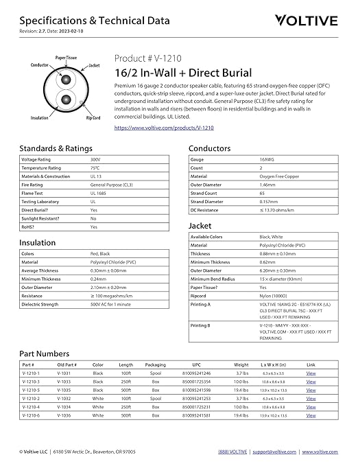 Voltive 16/2 Speaker Wire, in-Wall CL3 & Direct Burial, White, 500ft - 16AWG, 2 Conductors, Stranded Oxygen-Free Copper, UL Listed - V-1210-6