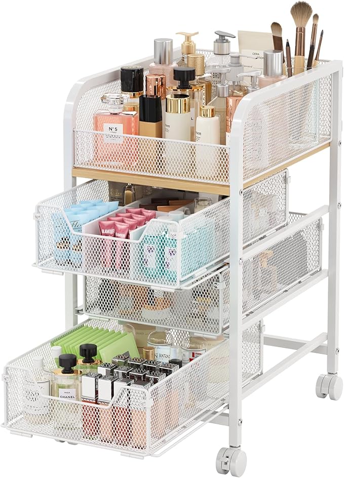 Hongtamoya Rolling Makeup Cart Organizer with 3 Drawers, Narrow Floor Skincare Organizers, Cosmetics Display Cases Vanity Organizer for Skin Care Nail Polish Perfume Makeup Brush, White