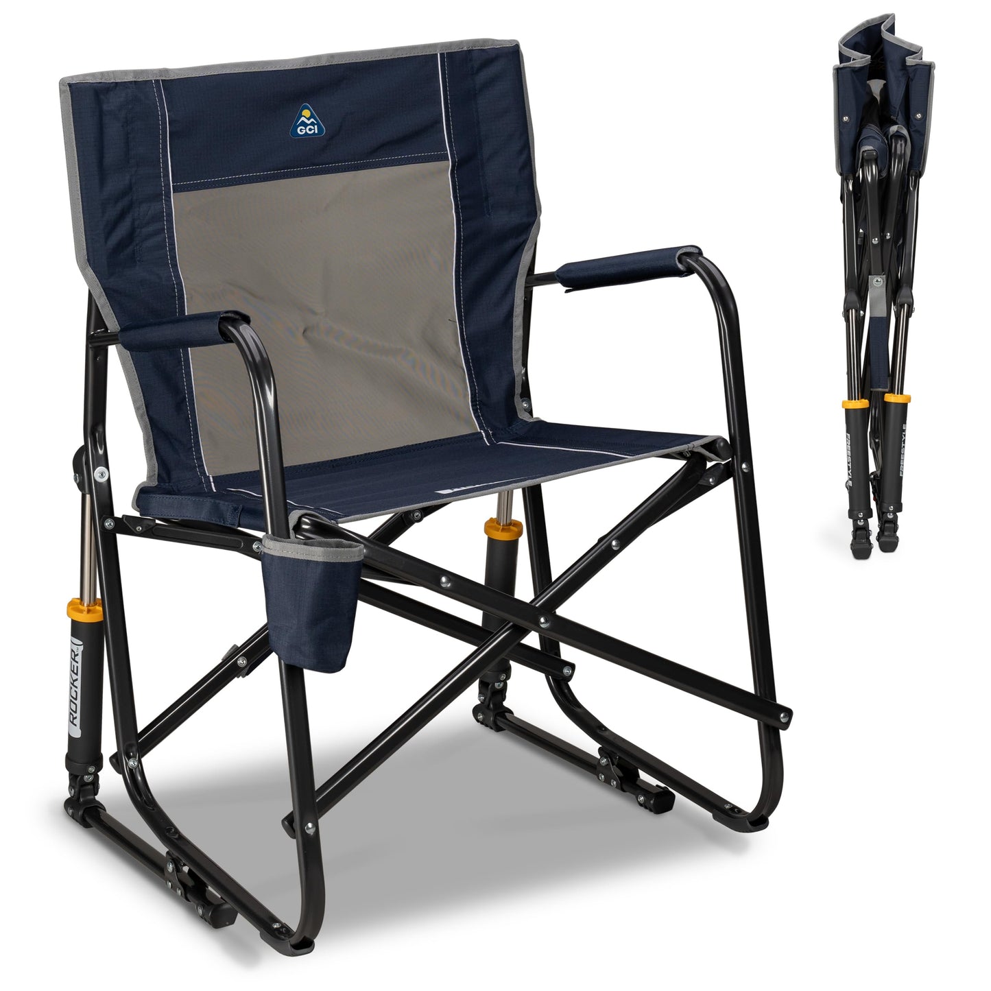GCI Outdoor Freestyle Rocker Camping Chair | Portable Folding Rocking Chair with Solid, Durable Armrests, Drink Holder & Comfortable Backrest â Indigo Blue