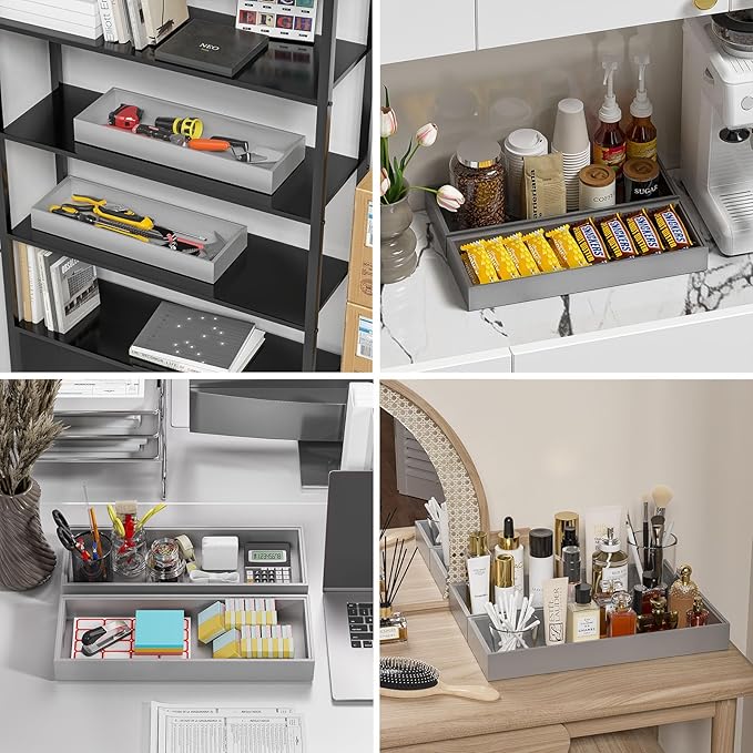 Lixple Bamboo Drawer Organizer, Extra Large Silverware Organizer for Kitchen Drawer, Stackable Utensil Organizer, 2 Pcs Toilet Tank Topper Tray, Wooden Toilet Paper Basket (Silver, 17 X 6 X 2 Inch)