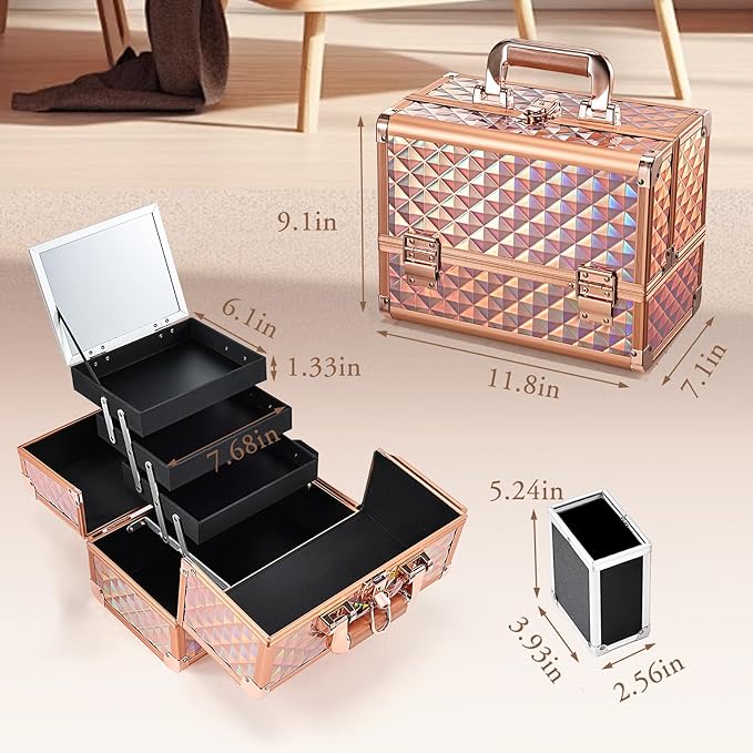 Joligrace Makeup Train Case Cosmetic Box 11.6 Inch Jewelry Organizer Professional 3 Tiers Trays with Mirror and Brush Holder Lockable Key Portable Travel - Rose Gold