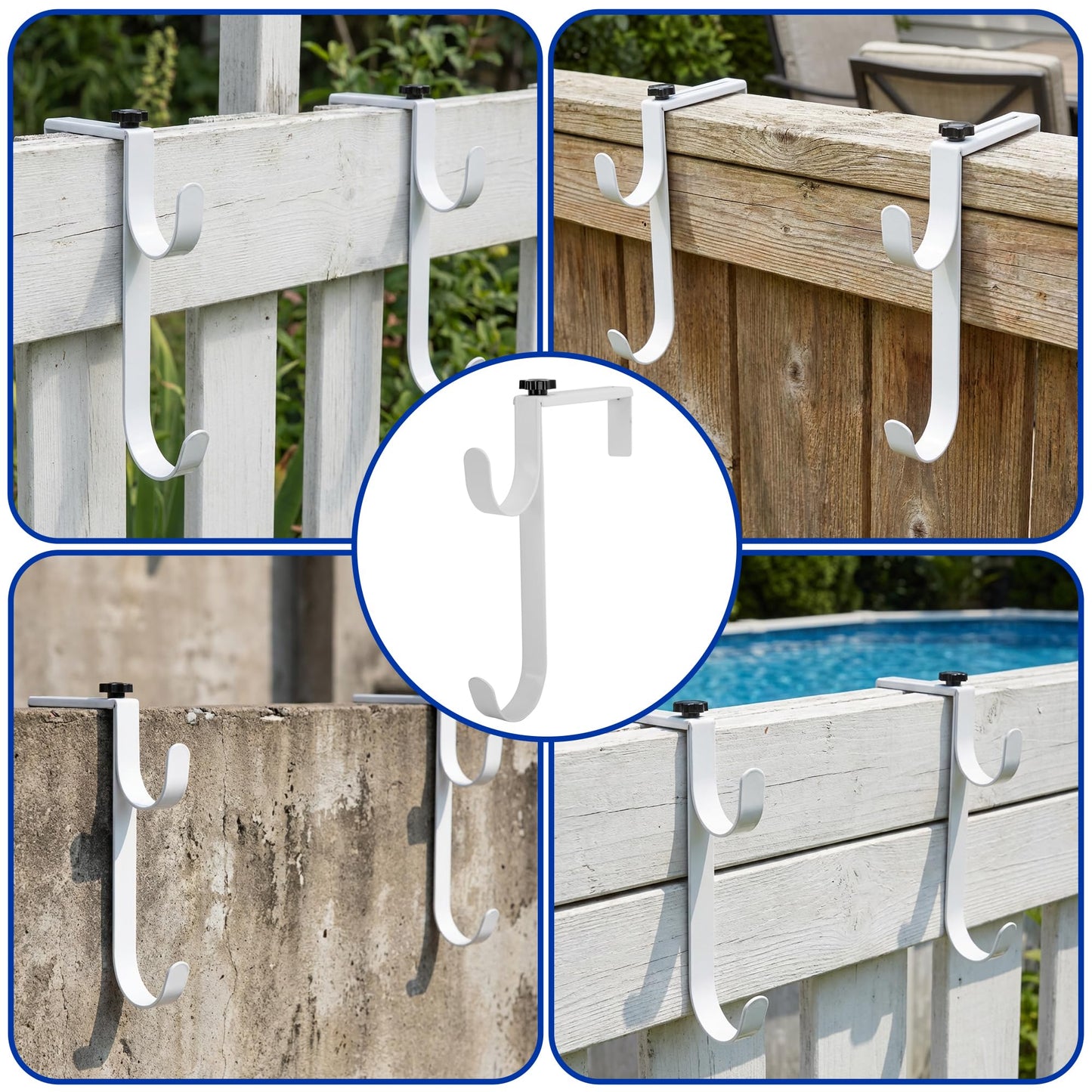 2 Pcs Double Pool Fence Hooks for Pool Equipment, Adjustable Pool Pole Hanger Holder, Rustproof Swimming Pools Skimmer Pole Hooks for Hanging Tool, Hose, Leaf Rakes, Nets Pool-Accessories (White)