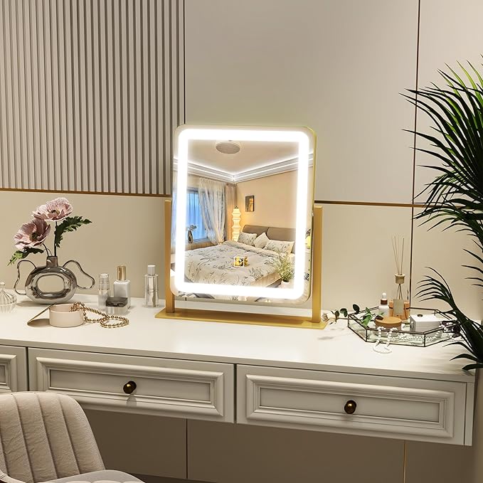 ROLOVE Vanity Mirror with Lights, 12.6"×15" LED Makeup Mirror, Lighted Makeup Mirror with Lights, Smart Touch Control Dimmable 3 Modes Light, Lighted Up Mirror for Makeup Desk, Gold