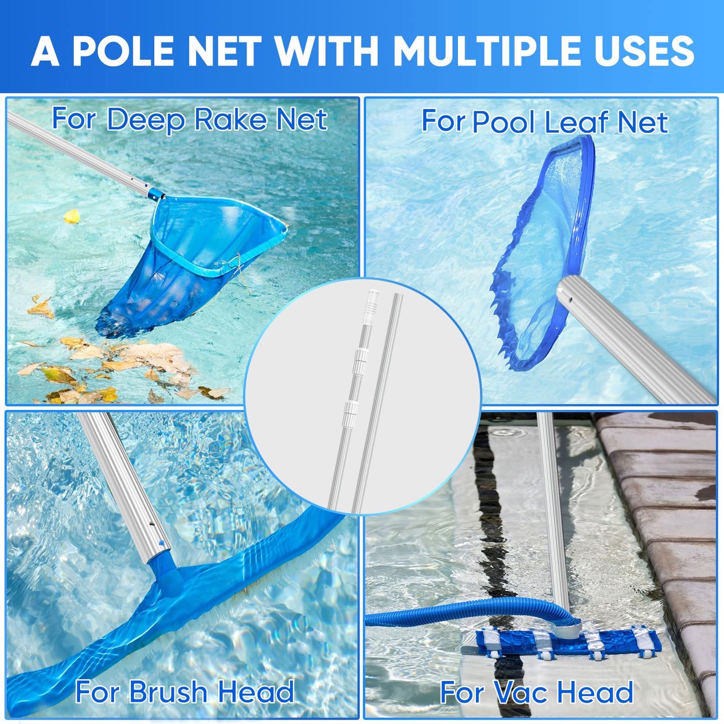 WXFANA 15FT Telescopic Pool Pole, Pool Skimmer Pole Heavy Duty, Adjustable 3 Piece Expandable Step-Up, Universal Pole for Skimmer Nets, Rakes, Brushes, Vacuum Heads Cleaning.