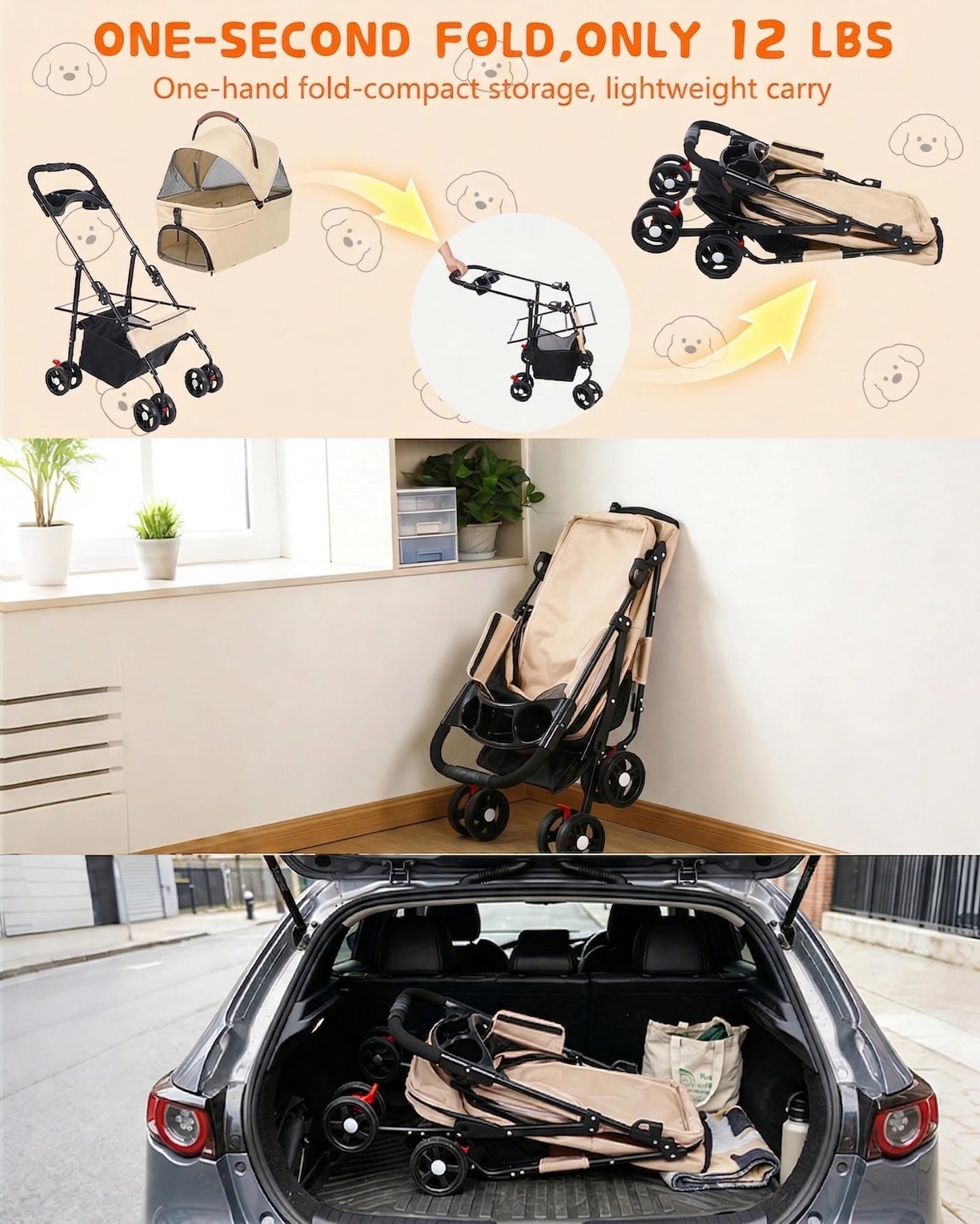 Pet Stroller with Removable Carrier, 35lbs Capacity - One-Click Foldable Dog Stroller, Cat Carrier & All-Terrain Wheels, Compact Travel Pet Stroller for Small to Medium Pets-Khaki