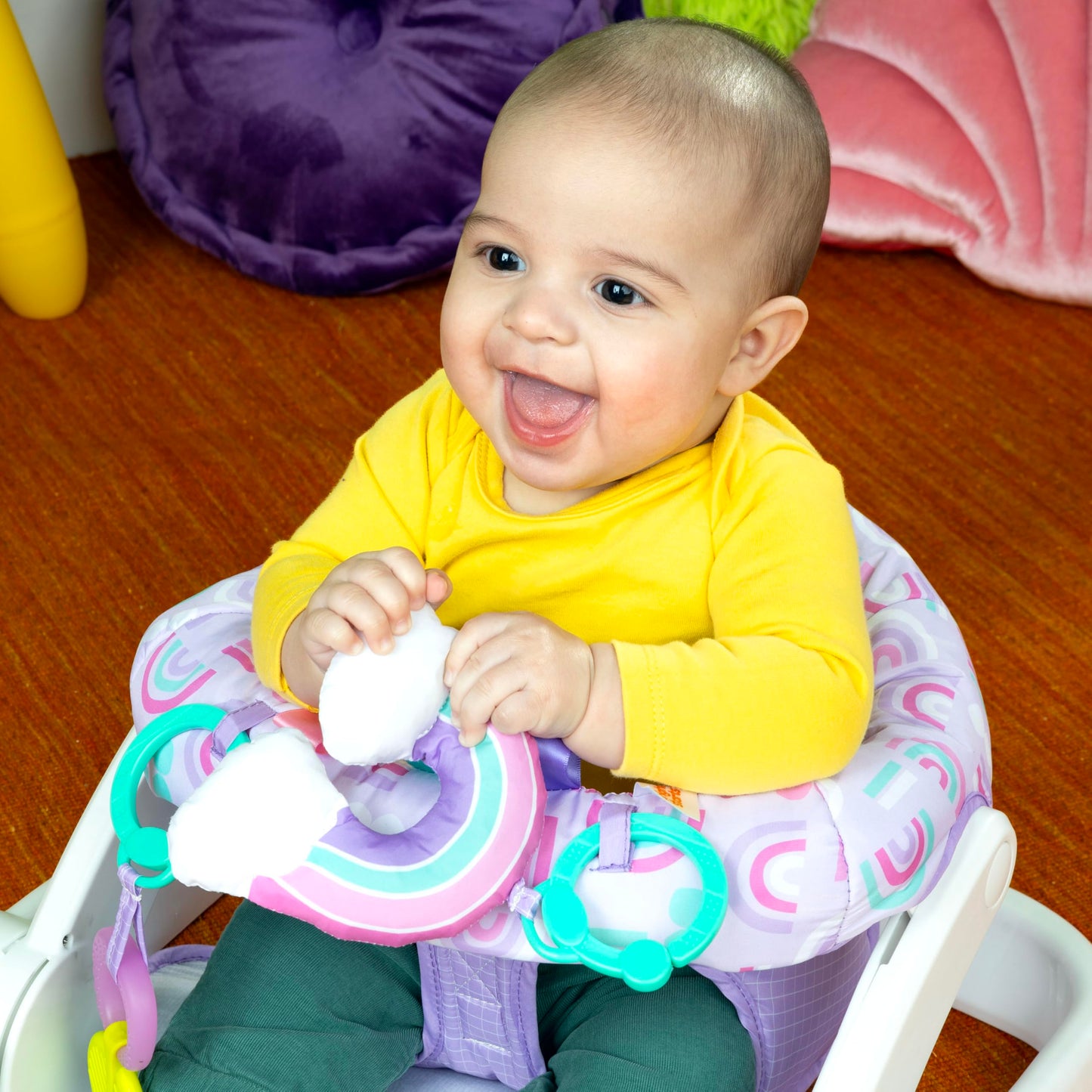 Bright Starts Learn-to-Sit Baby Floor Seat, 2-Positions Grow with Infant, Portable Baby Chair, Includes Sensory Toys, Unisex, 4-12 Months, Purple Paradise