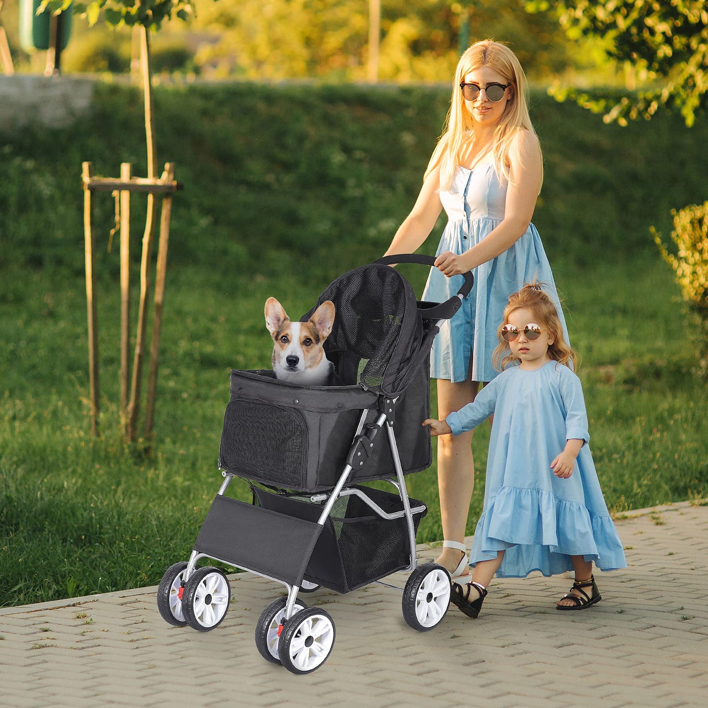 LEMY 4 Wheels Pet Dog Cat Stroller for Small Medium Dogs Cats,Black Foldable Jogger Travel Puppy with Detachable Carrier