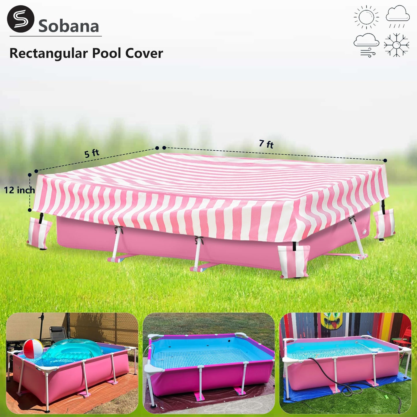 Sobana Rectangular Pool Cover,Waterproof Covers for 7' x 5' x 24" Rectangular Metal Frame Above Ground Outdoor Swimming Pool,with Tie-Down Ropes & 4 Sandbags,Increase Stability(Cover only,Pink)