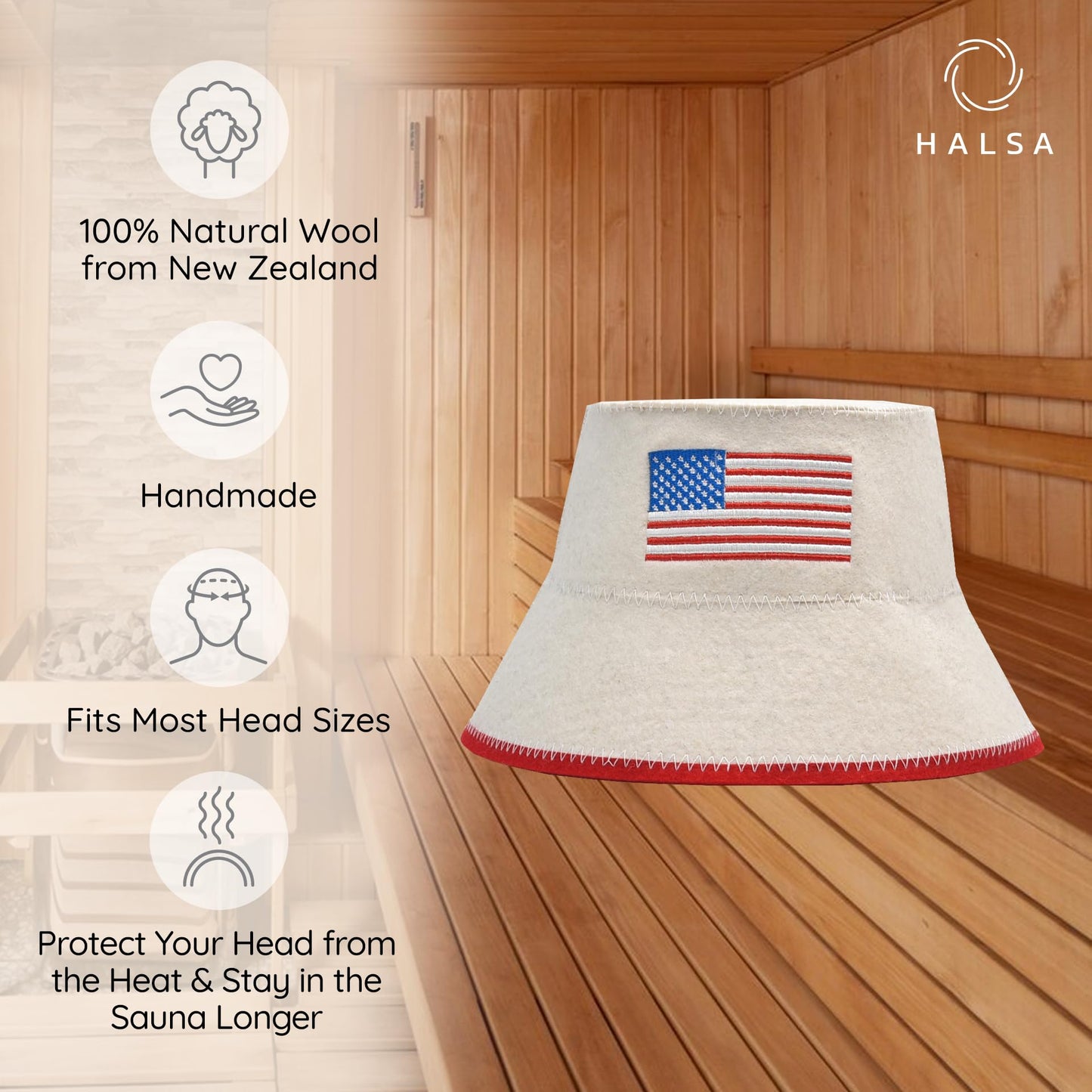Halsa Sauna Hat, Natural Wool Sauna Cap for Men and Women, USA Flag, Eco-Friendly Insulating Headgear for Spa, Steam Room, Banya, Bathhouse - Comfortable, Breathable, Handmade - One Size Fits All